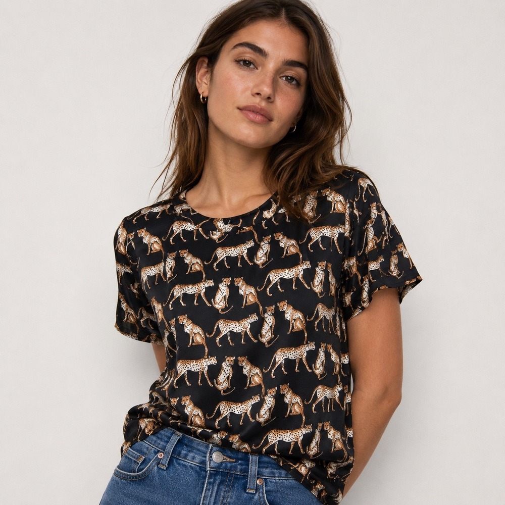 Acrobat 100% Silk Cheetah Leopard Print High Low Blouse Top Womens XS Black